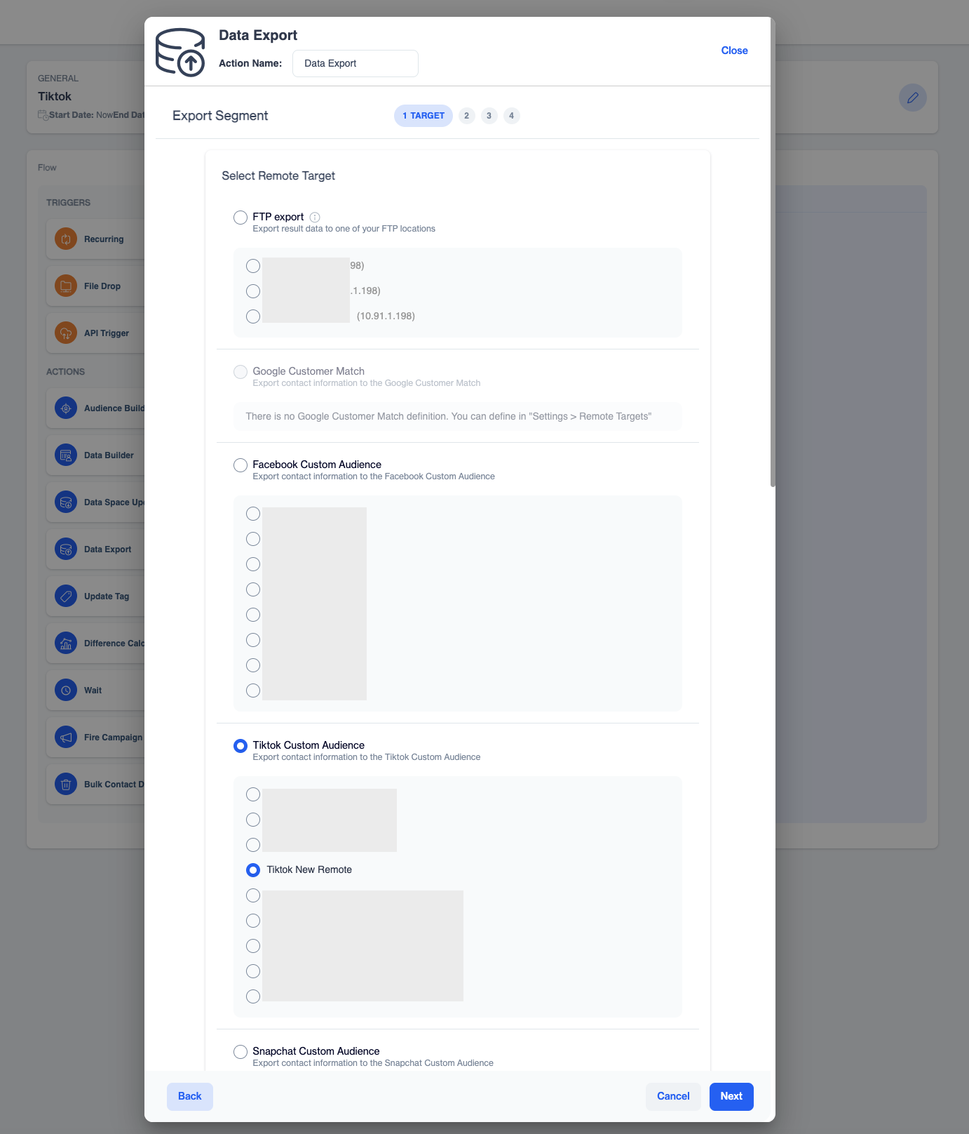 Select Remote Target screen of the Data Export node with Tiktok Custom Audience selected and a remote target chosen under it.