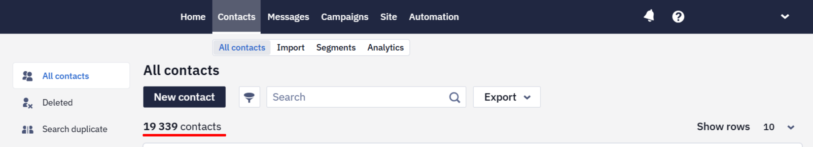 Total number of contacts displayed above the contacts table