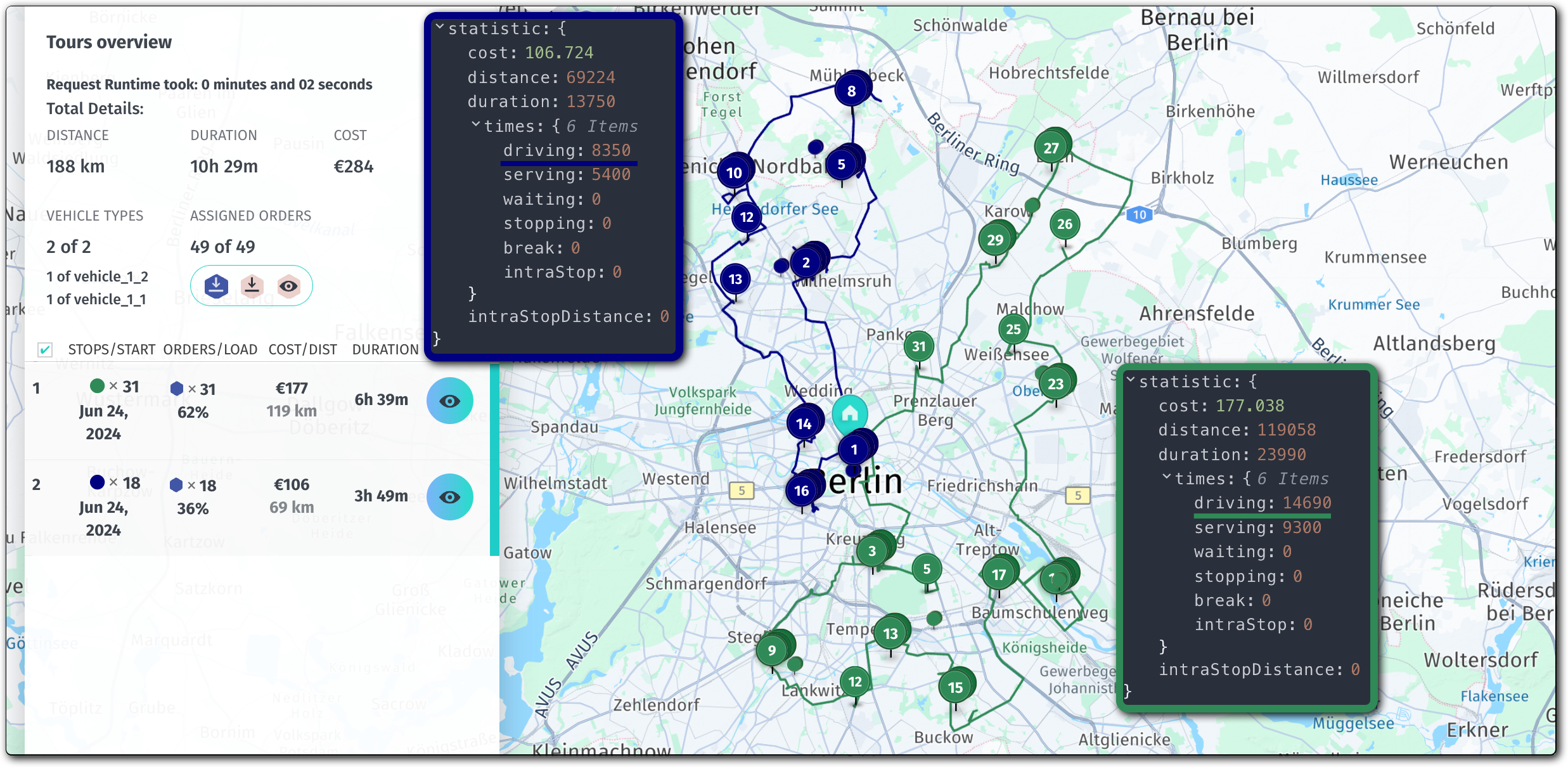 A solution visualization showing tours with the maxDrivingTime constraint