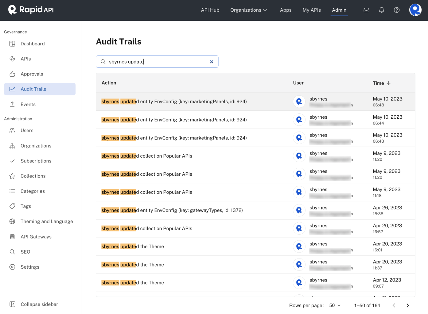 Searching in the Audit Trails tab of the Admin Panel