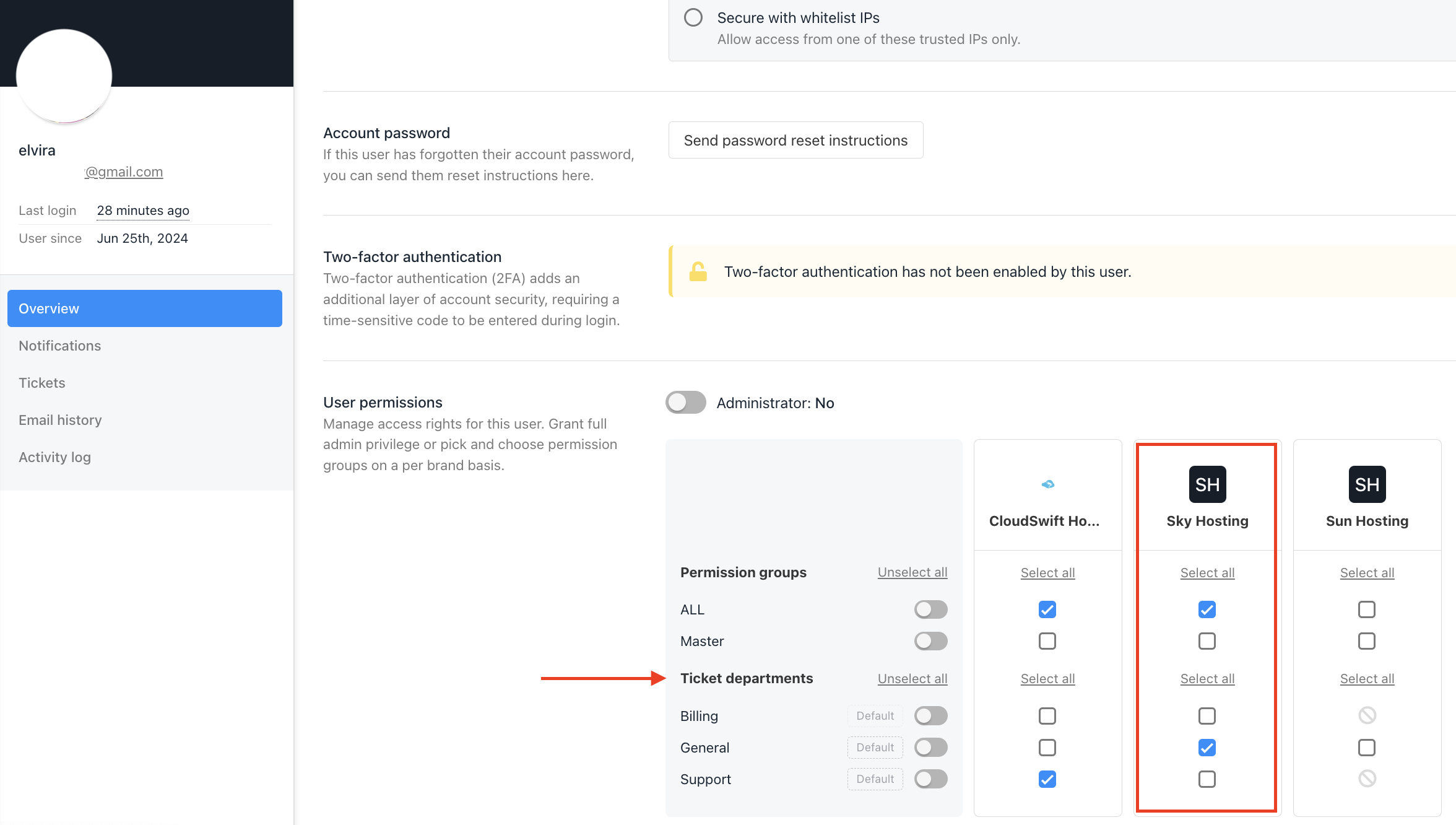 This is where you manage permission groups and assign ticket departments to staff users