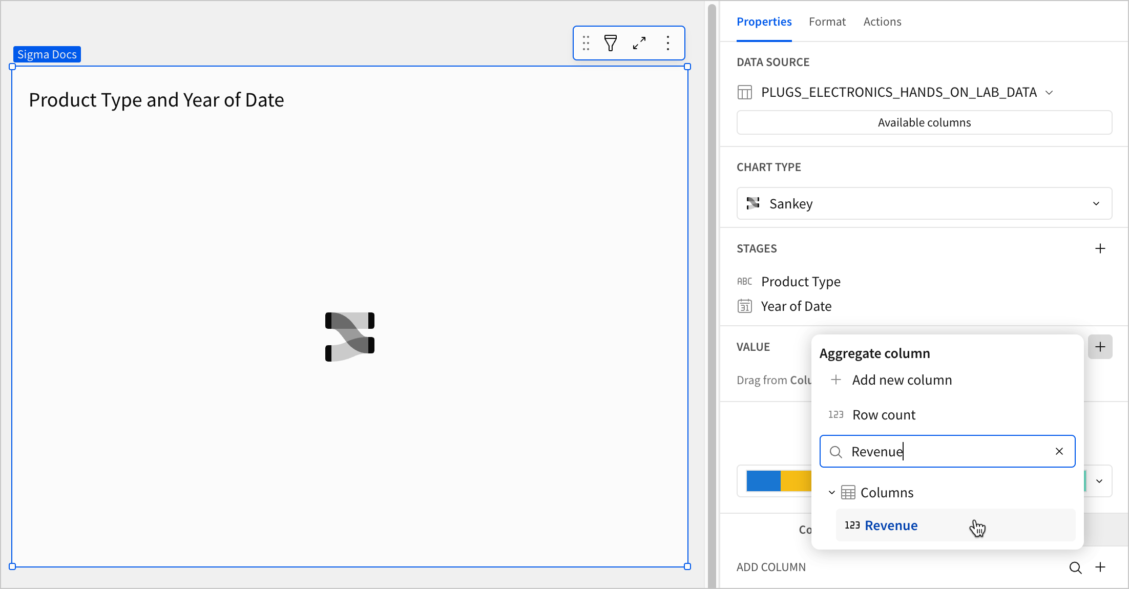 A workbook page with a blank Sankey diagram titled Product Type and Year of Date, with Product Type and Year of Date configured in the Stages property, and the cursor hovering over a column named Revenue in the Aggregate column popover with Revenue entered in the search box.