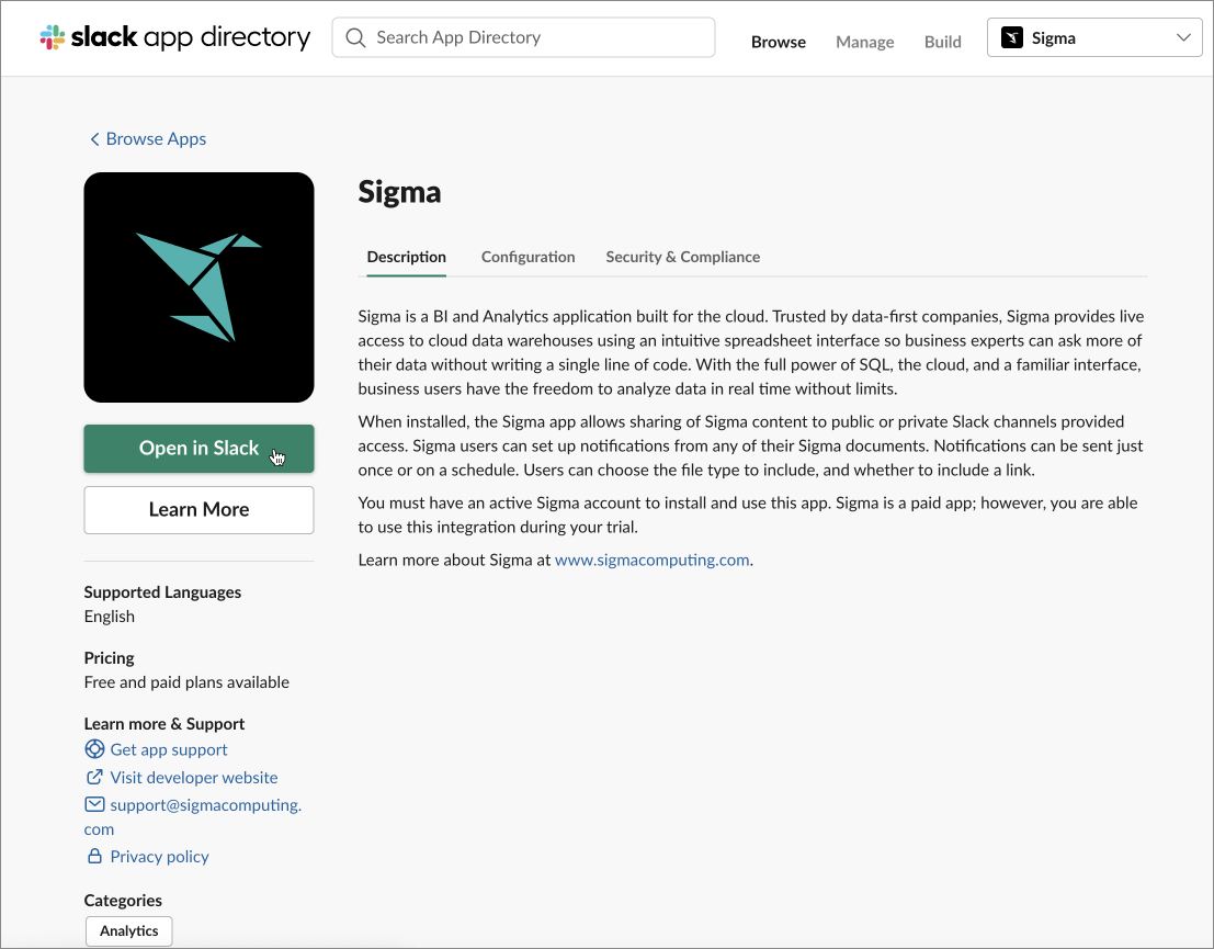 Open Sigma integration through Slack