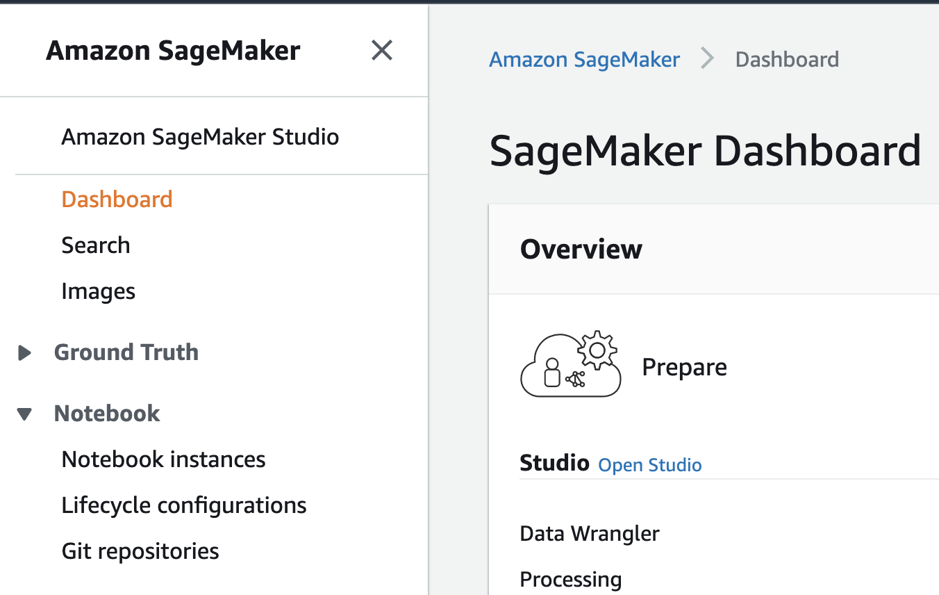 Click on Notebook Instances to access Jupyter Notebooks through SageMaker