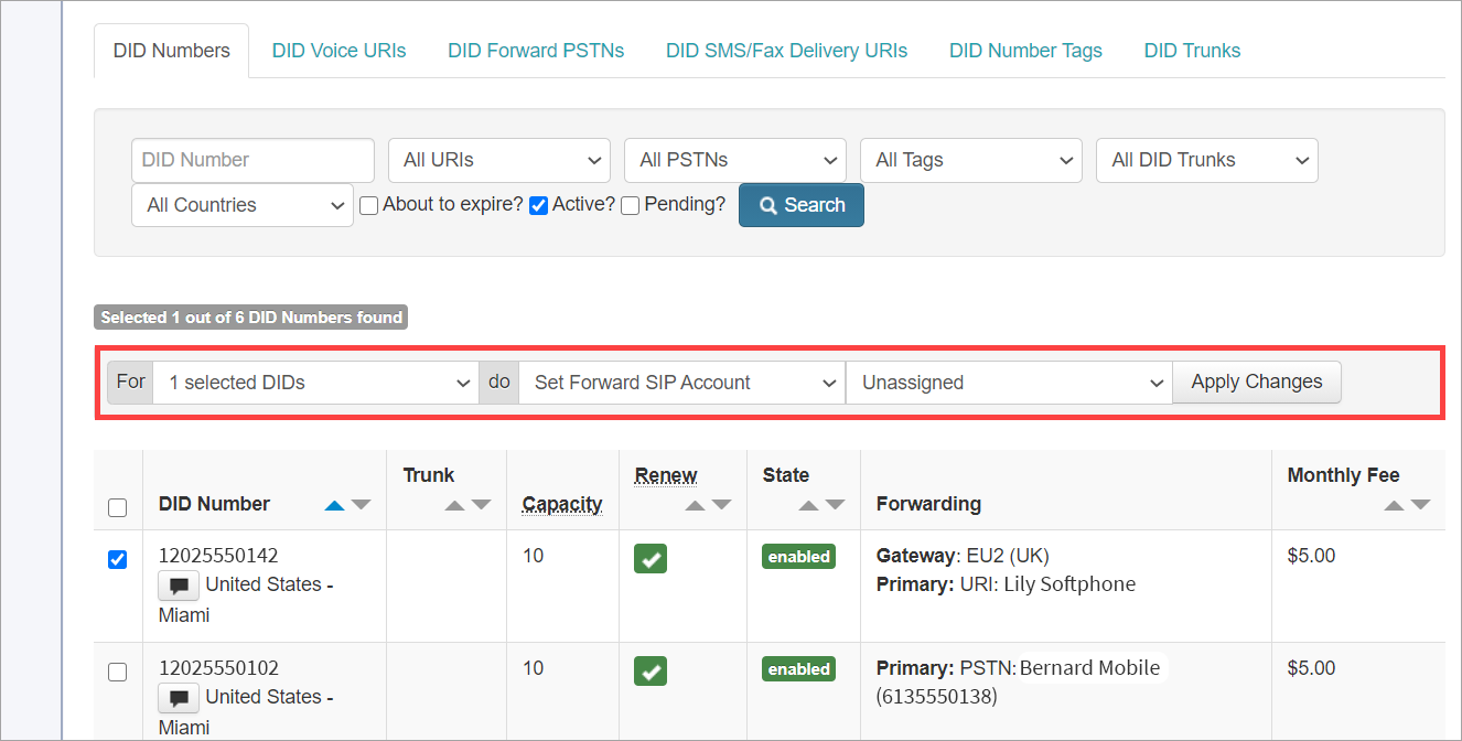 Screenshot of the screen with selecting DID numbers for call forwarding