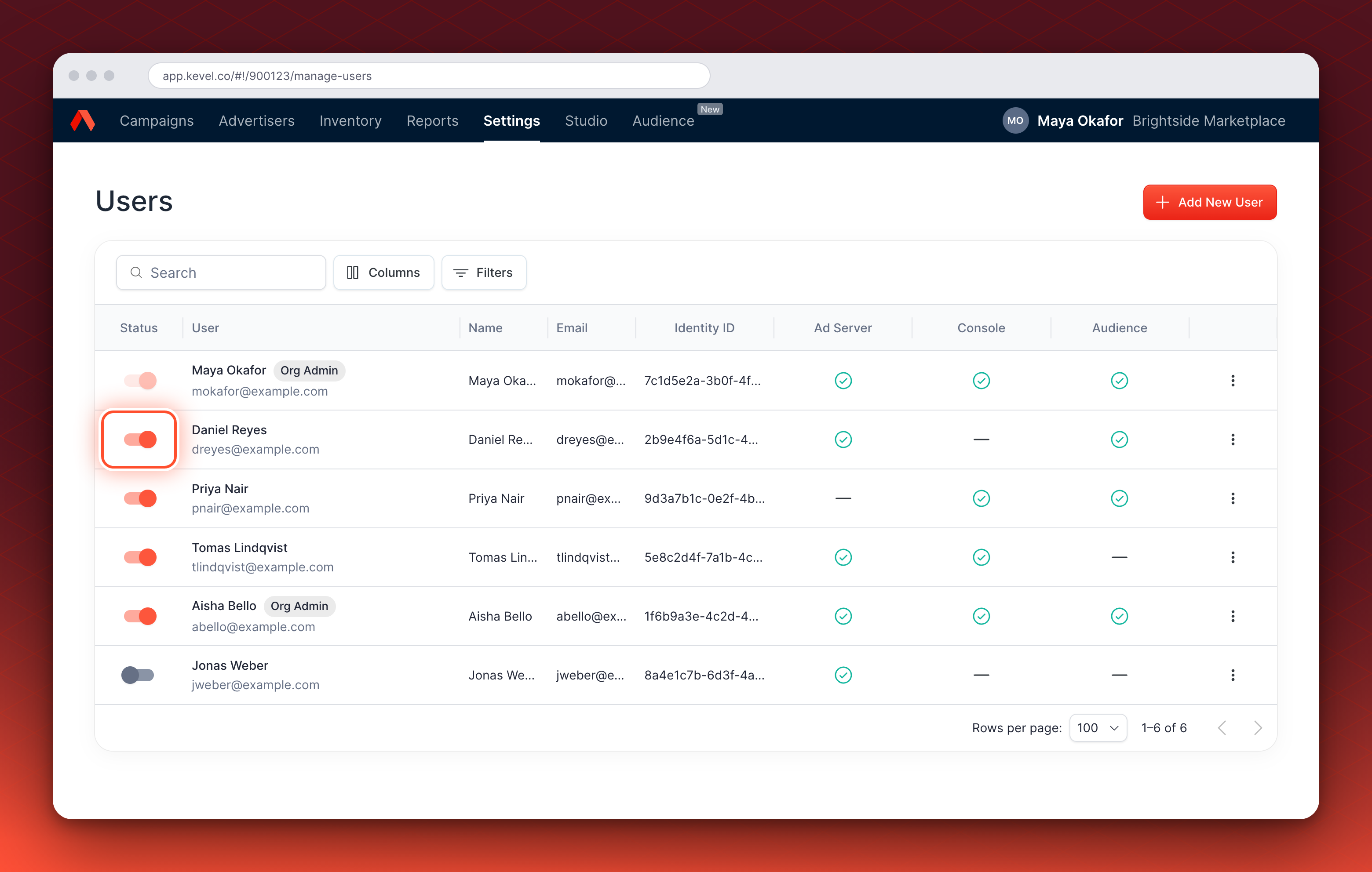 The Users page with the status toggle circled for one active user.