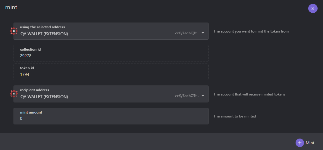 To mint additional tokens, go to the existing Token page and click the `Mint` button. A form will appear, where you can choose the initial supply, the recipient of the tokens and more parameters.