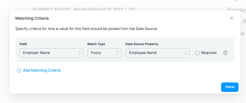 Matching Criteria dialog