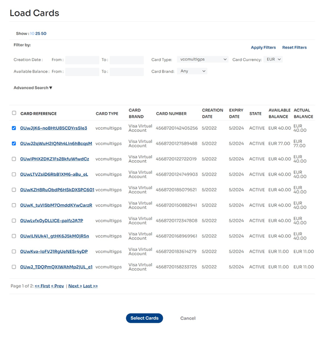 Figure 31: Selecting a batch of cards for loading