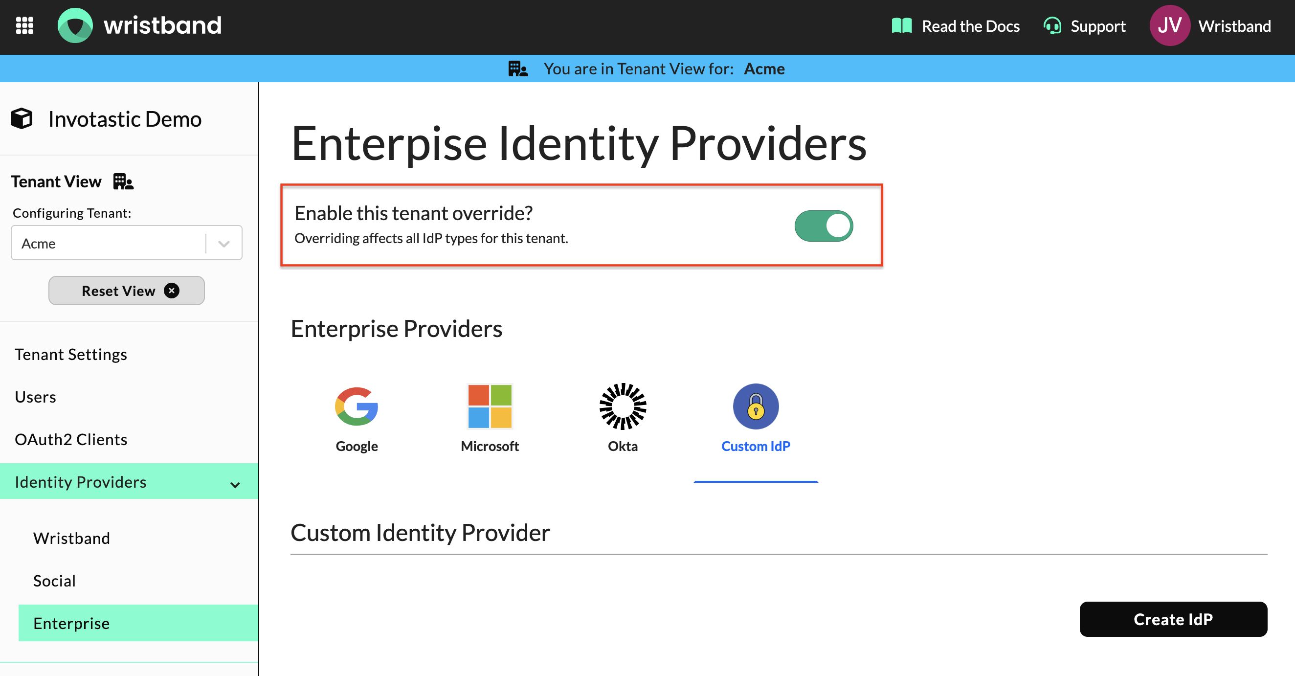 Enterprise Identity Providers page with tenant override toggle enabled