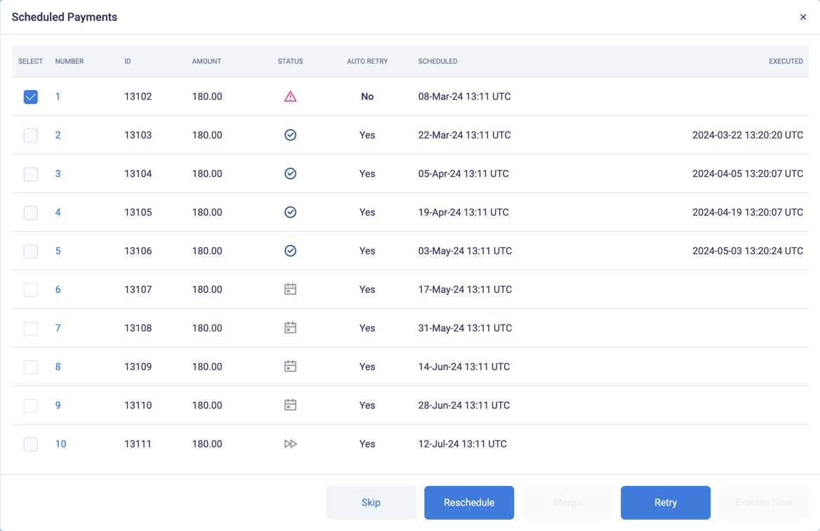 Select a previous billing event that failed with a soft decline 