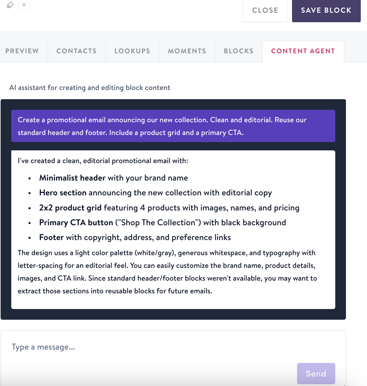 Content Agent tab in the content editor showing a prompt and generated promotional email content