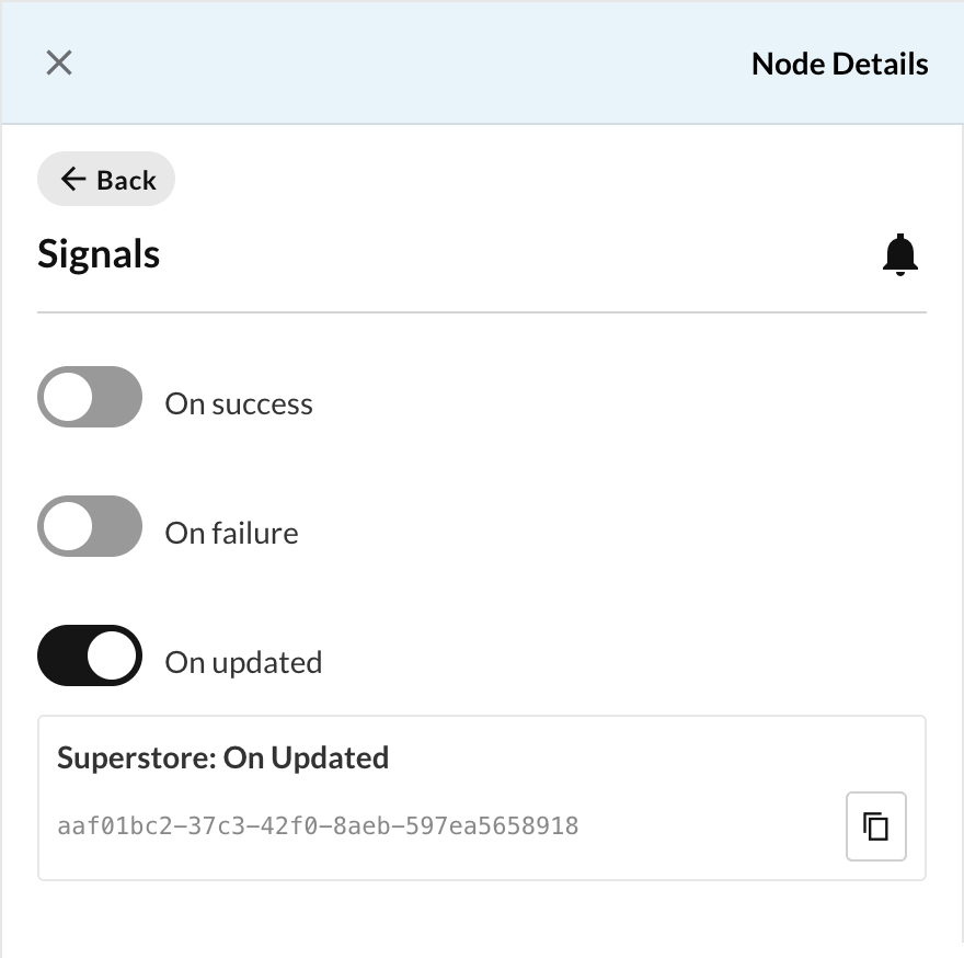 The Signals panel on a node, with the On updated toggle switched on and the new signal's code shown below it
