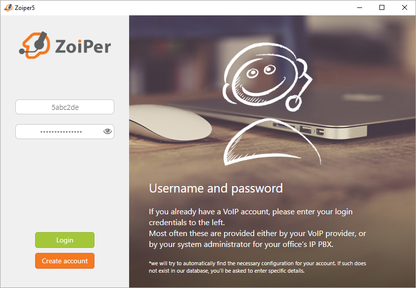 Screenshot of the Zoiper login page