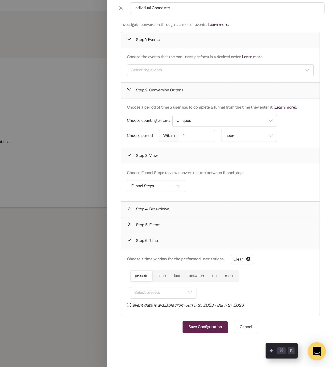 Funnel configuration options