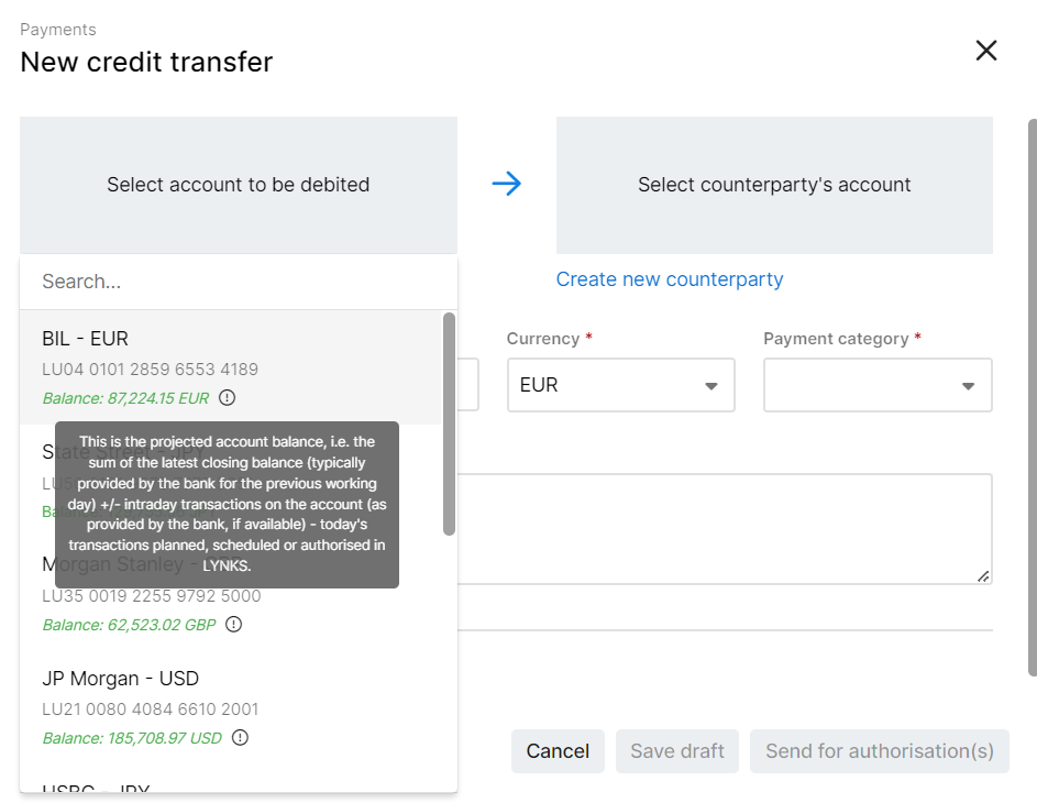Calculates account balance at payment initiation
