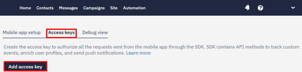 Mobile app setup page with the Access Keys tab selected and the Add access key button highlighted