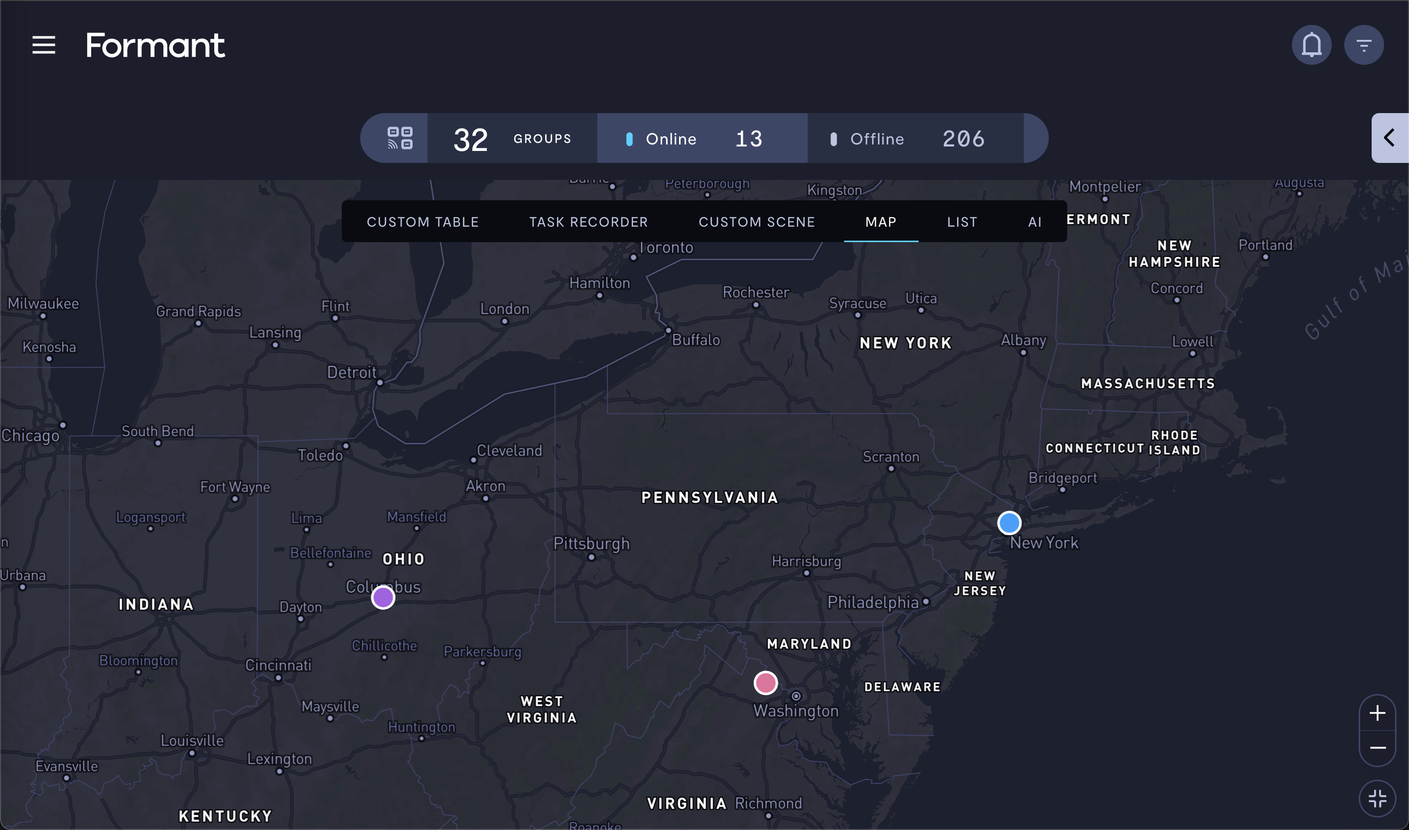 Track your devices via GPS. Device indicators are color-coded by alert status.