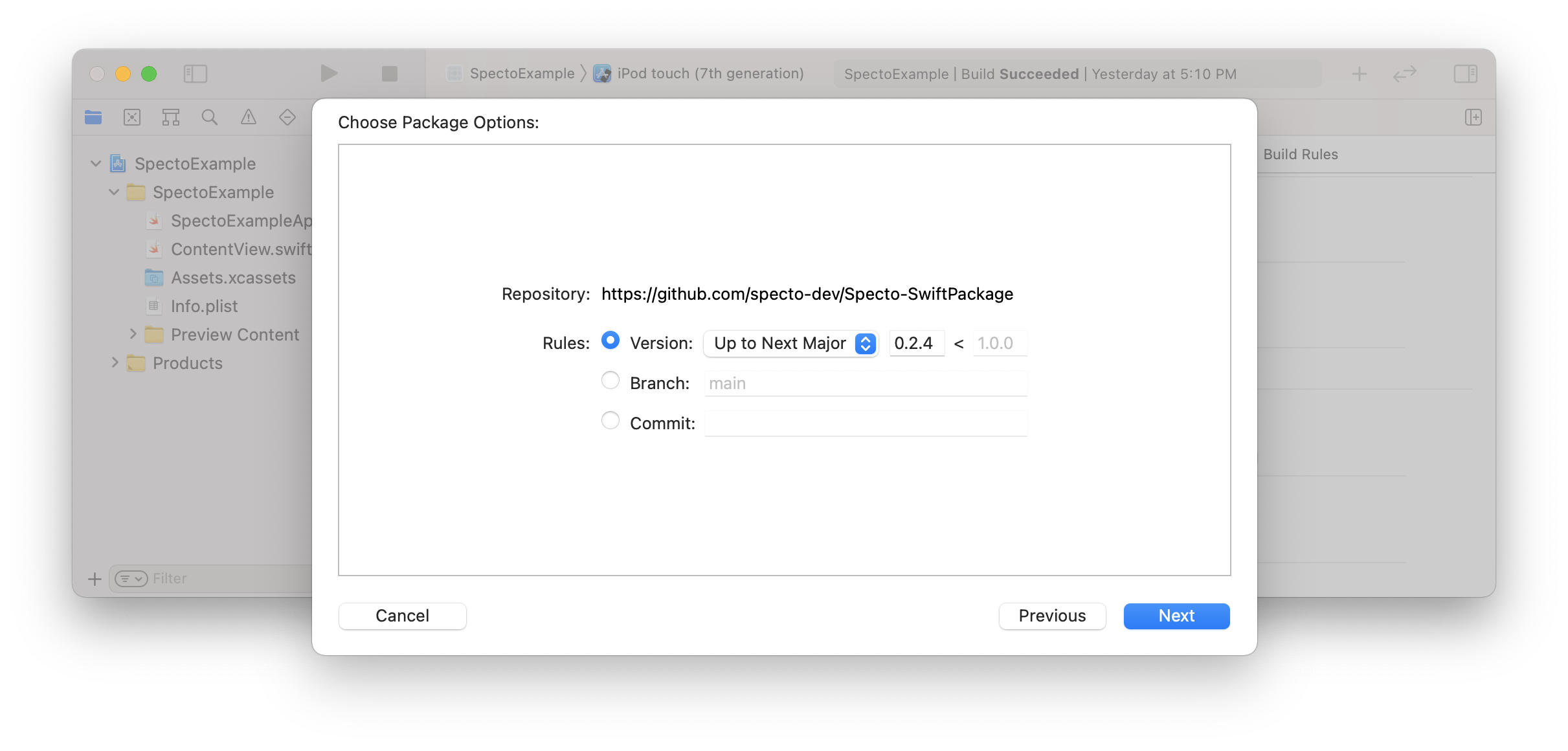 spm-version-constraint.png Selecting the version constraint for the Specto Swift package (step 3)