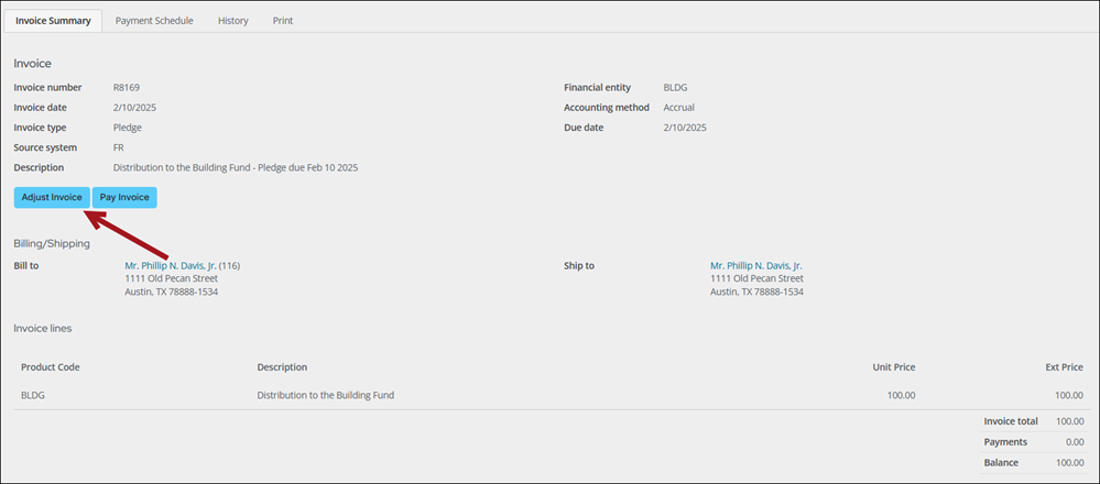 Clicking the adjust invoice button
