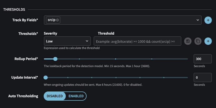 Thresholds section of Detection Model configuration