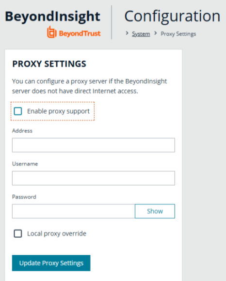 Image of the BeyondInsight Configuration page showing Proxy Settings. The section allows configuration of a proxy server when the BeyondInsight server lacks direct Internet access.