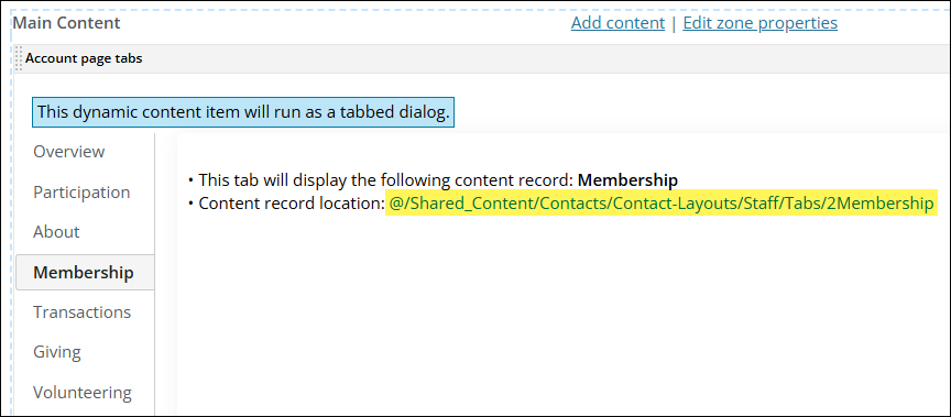 Clicking the content record location link