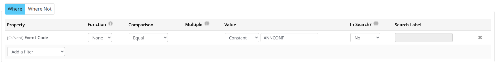 The [CsEvent] Event Code property configured for the query.