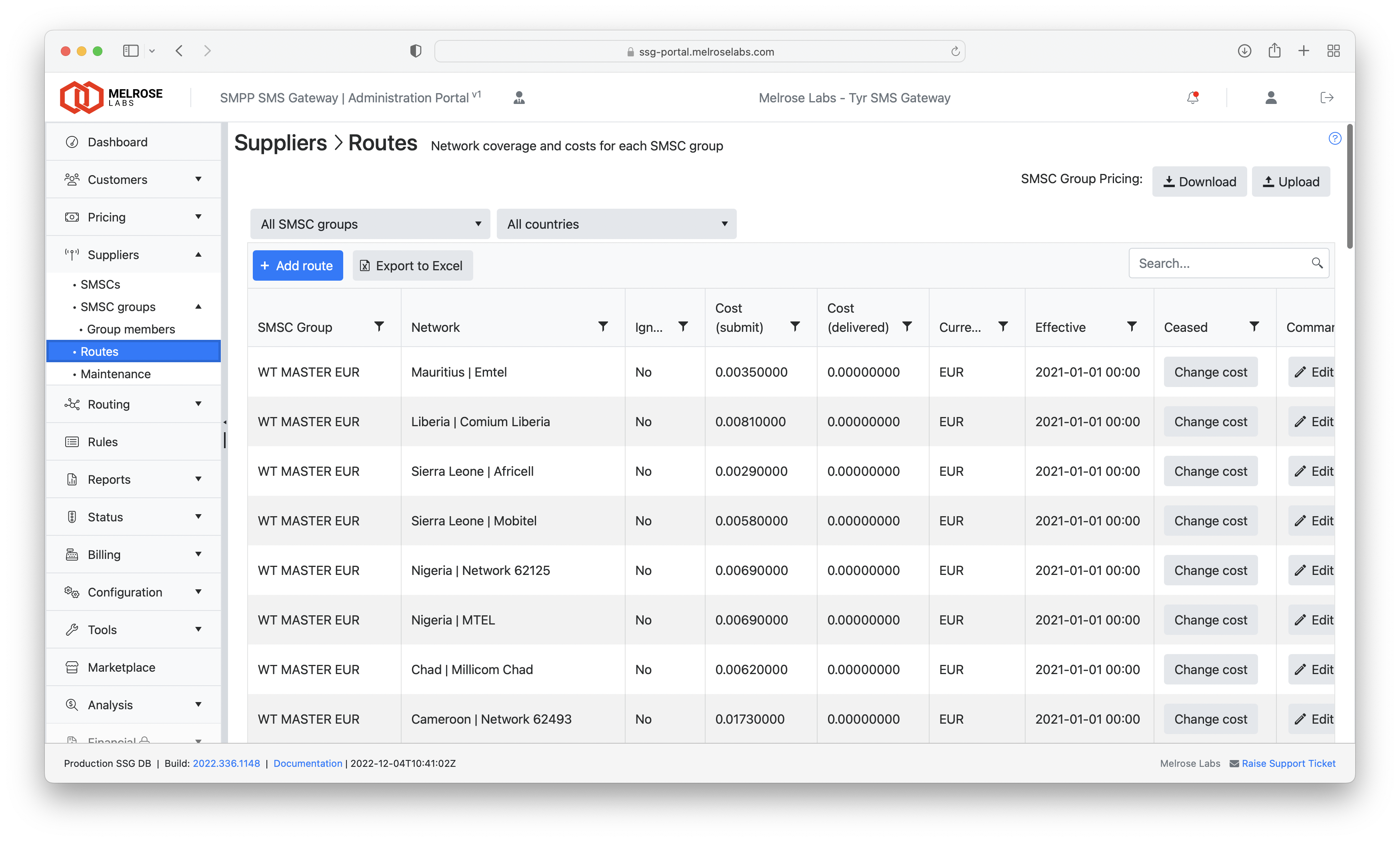 Routes - coverage and pricing for each SMSC group