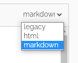 The three choices of editing syntax: markdown, html and legacy (rich text)