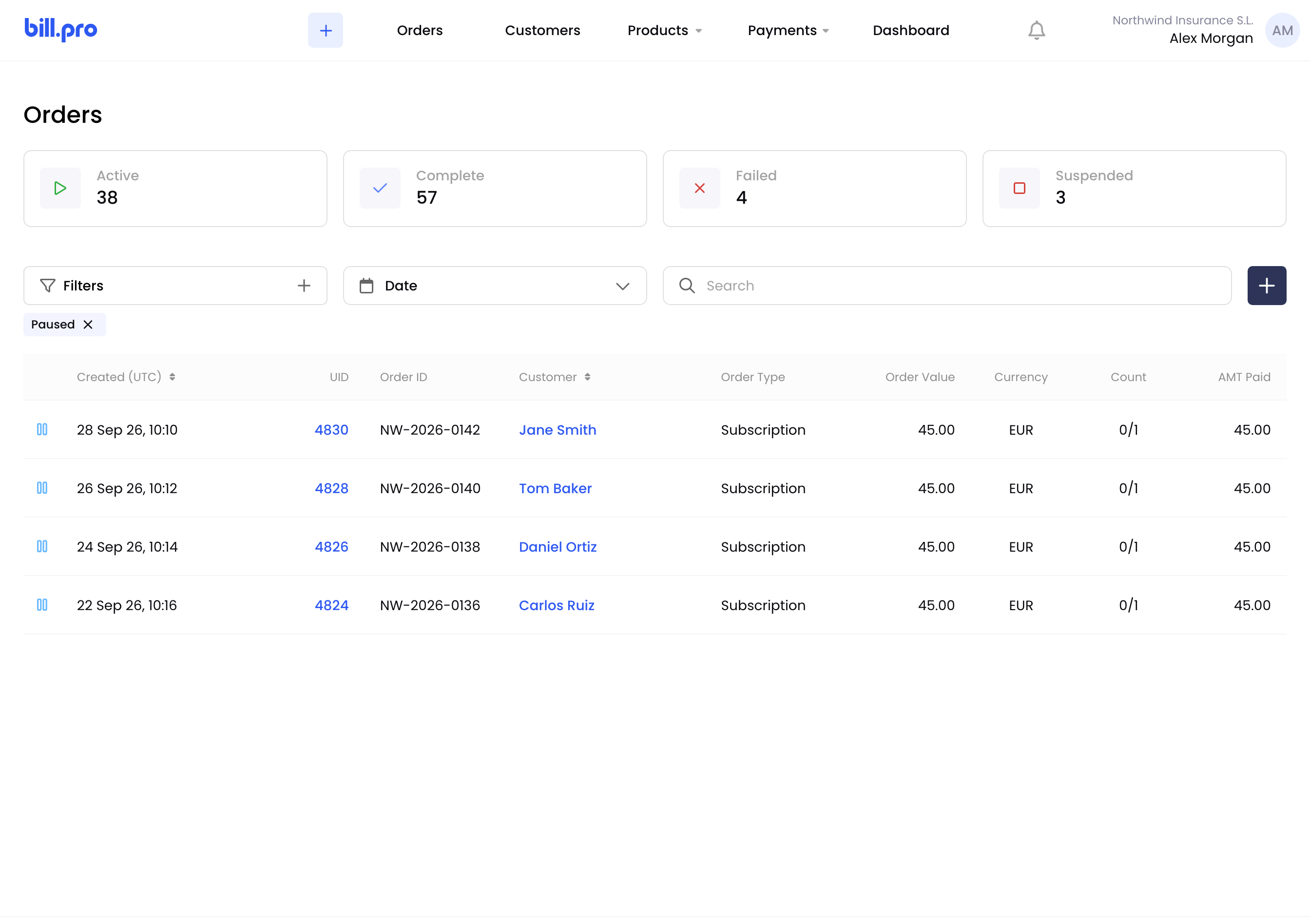 The Orders list filtered to Paused orders