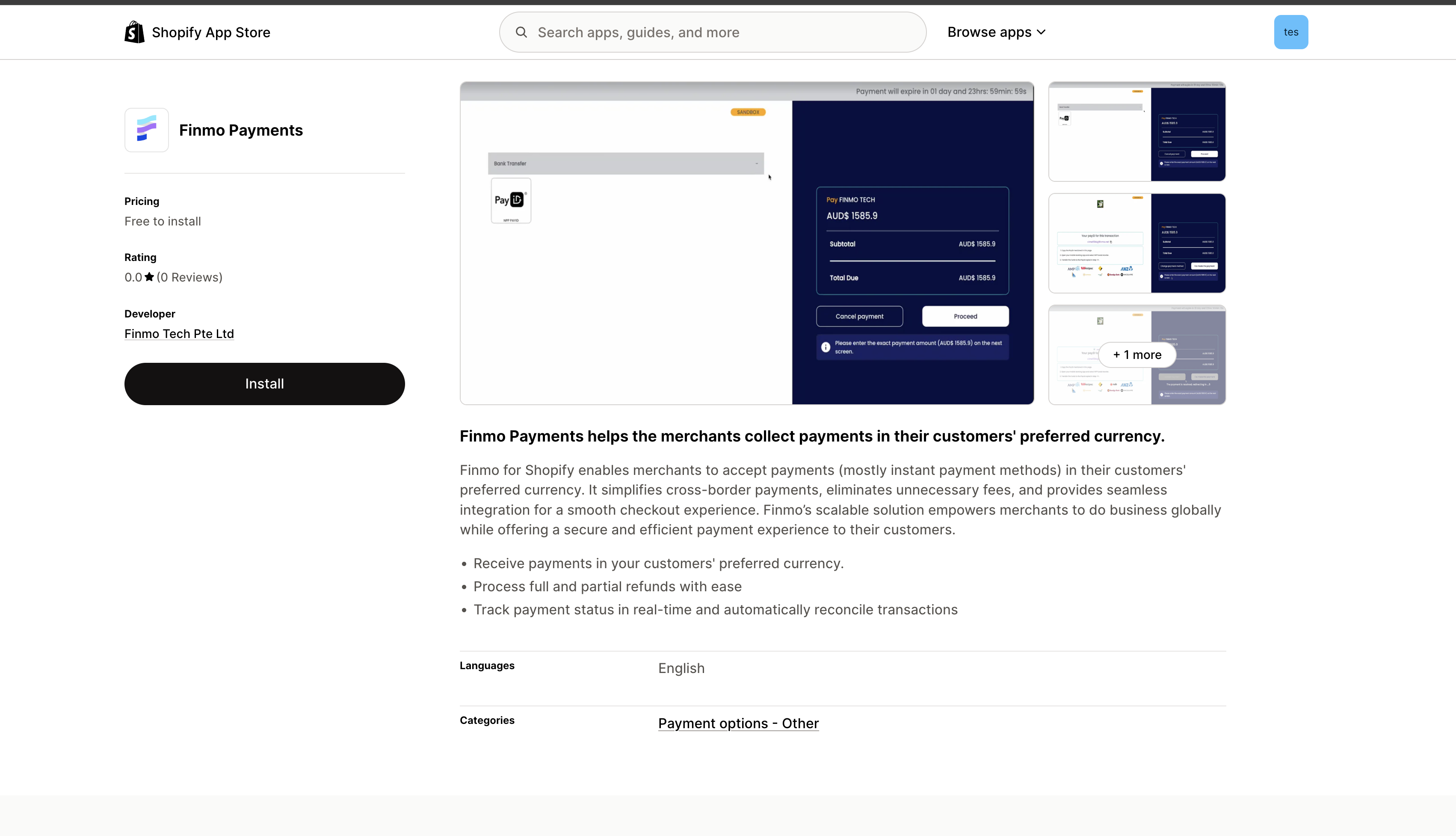 Finmo app listing on Shopify