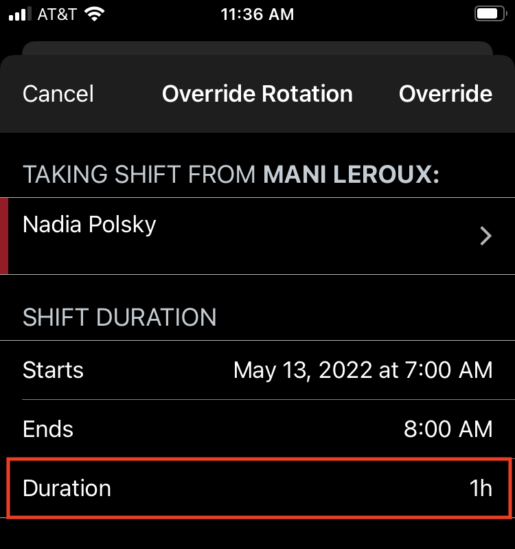 A screenshot of the PagerDuty mobile app showing an override shift's duration