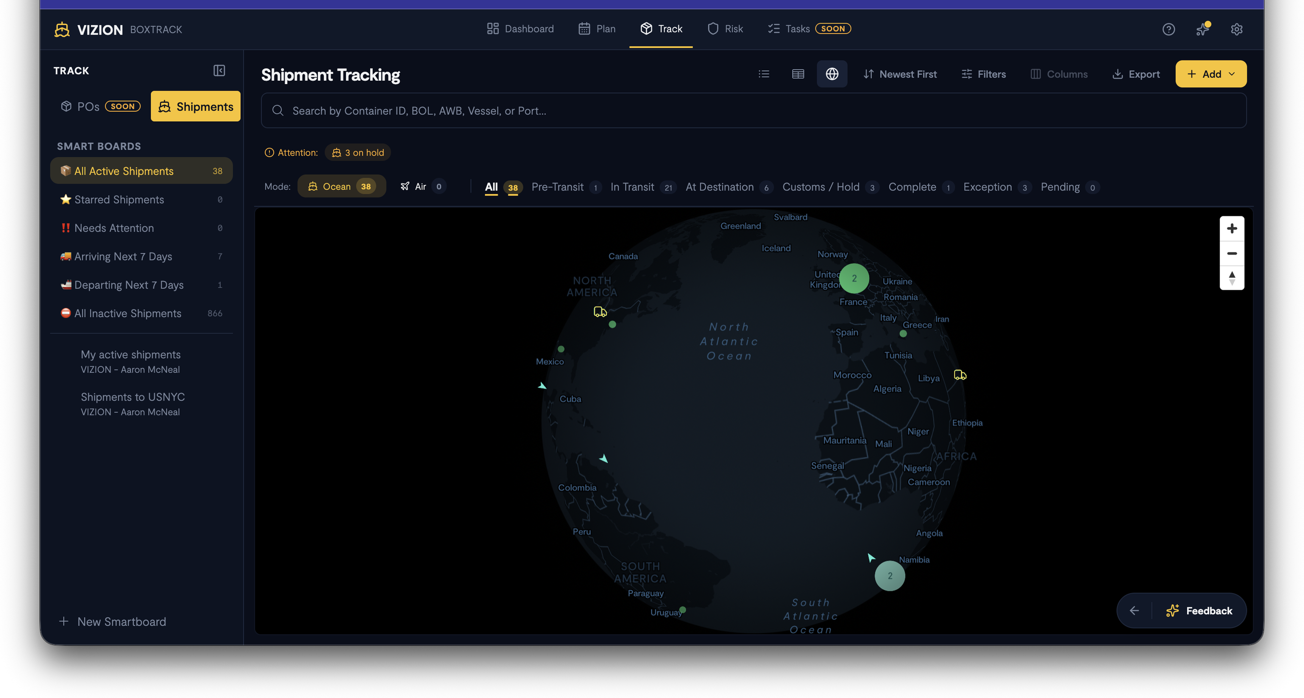 Screenshot: Track page in Map view mode showing shipment locations plotted on a world map
