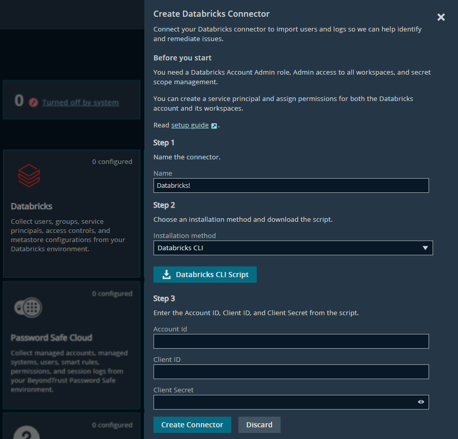 Databricks connector settings in Identity Security Insights