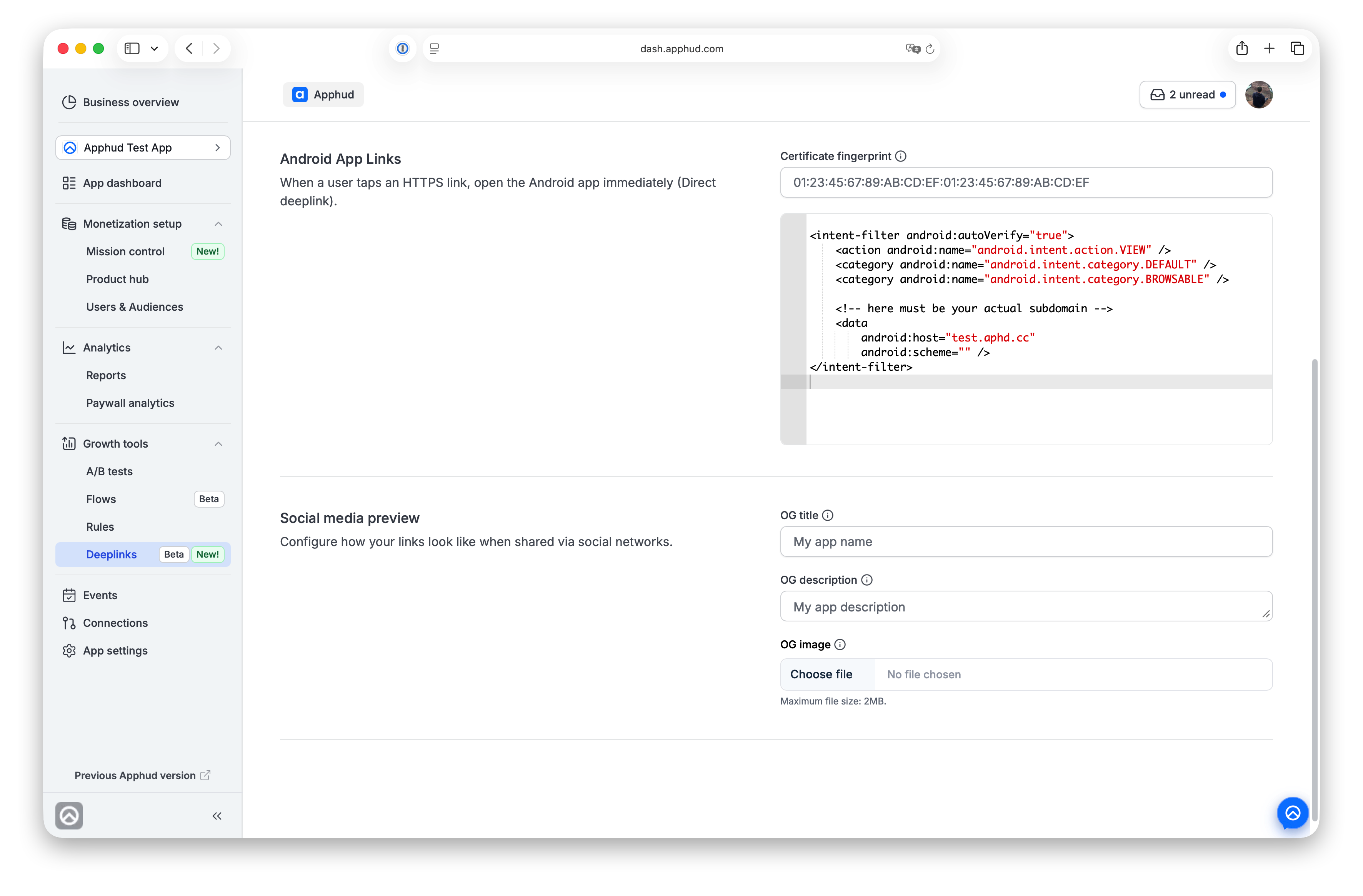 Social media preview settings for a deferred deeplink