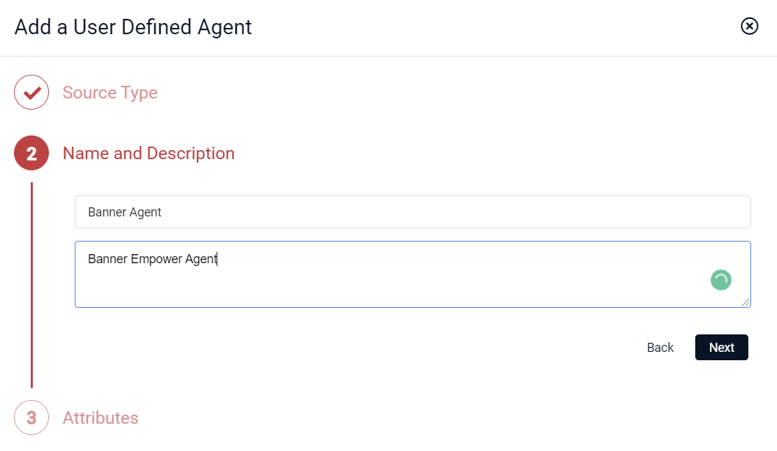 Add a User Defined Agent, Name and Description Section