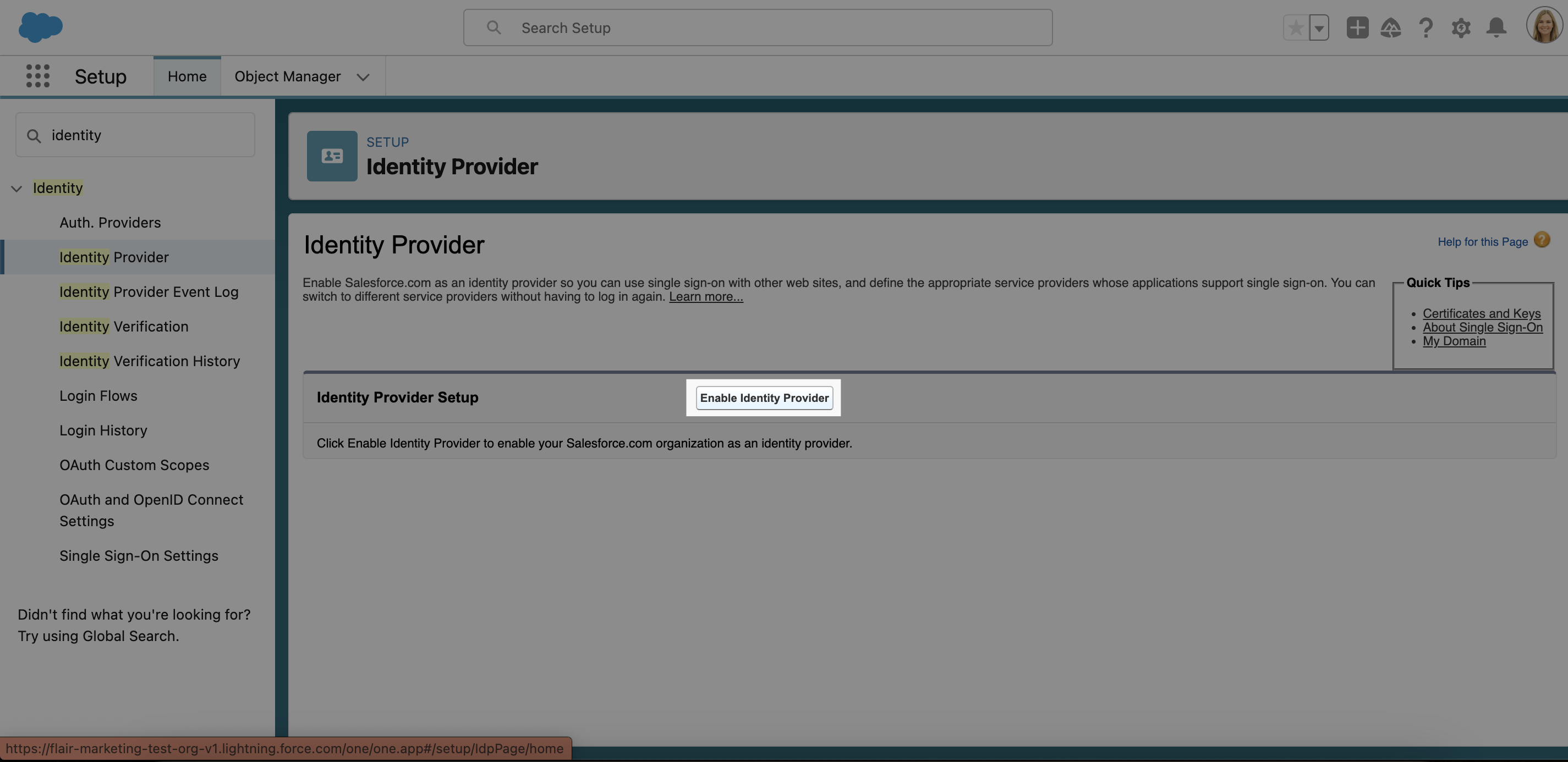 Enabling Identity Provider in Salesforce