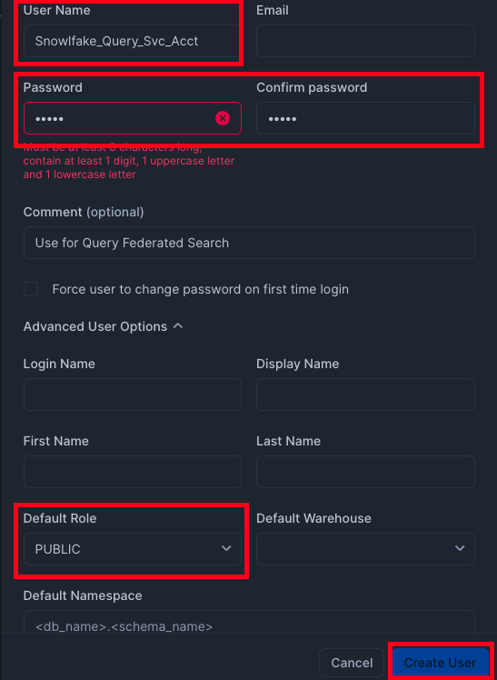 Fig. 2 - Configure and create a new "service account" user