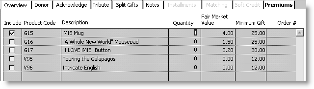 From Fundraising, select Enter and edit gifts > Premiums tab