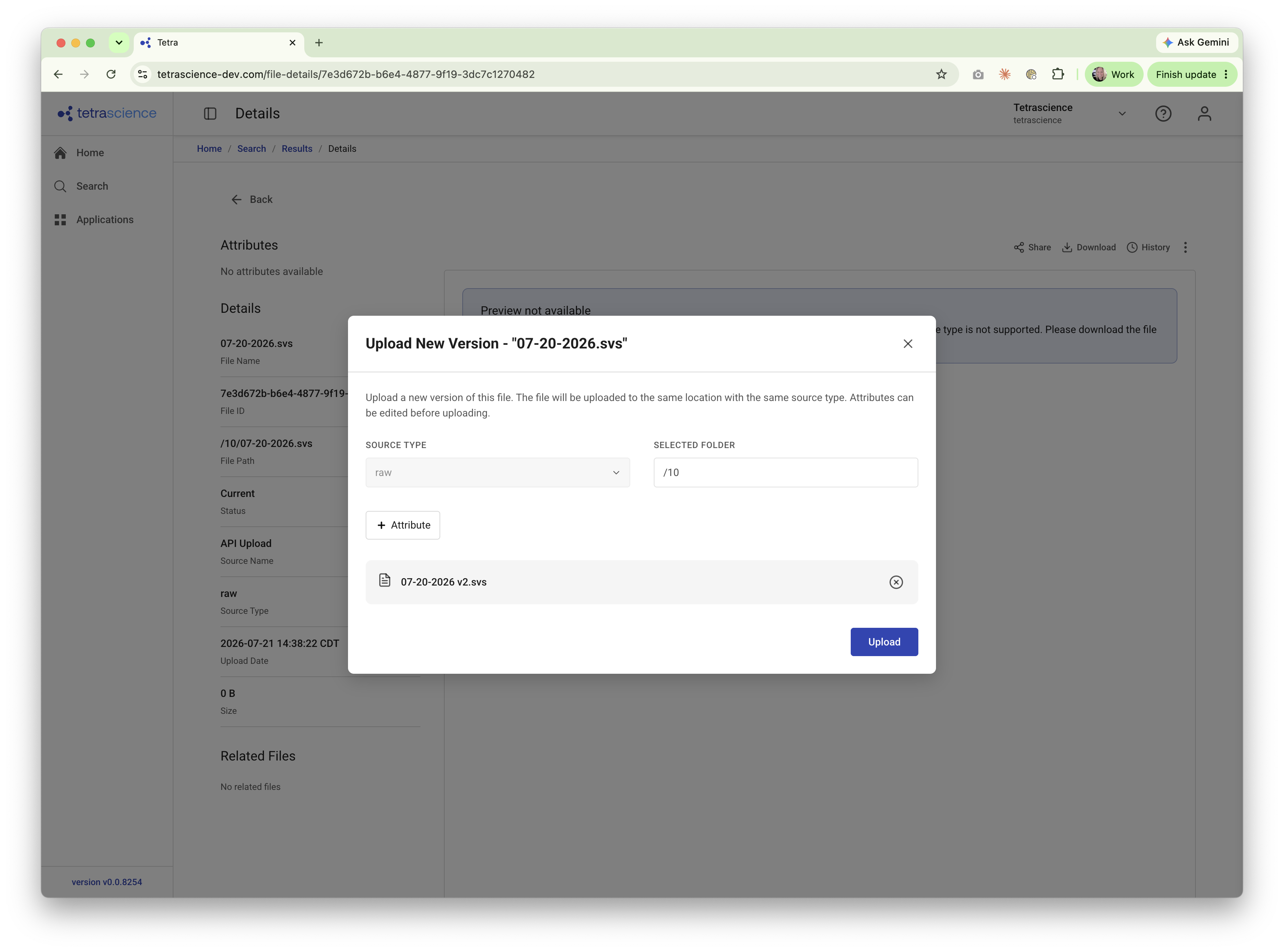 Selecting the file and source type for the new version