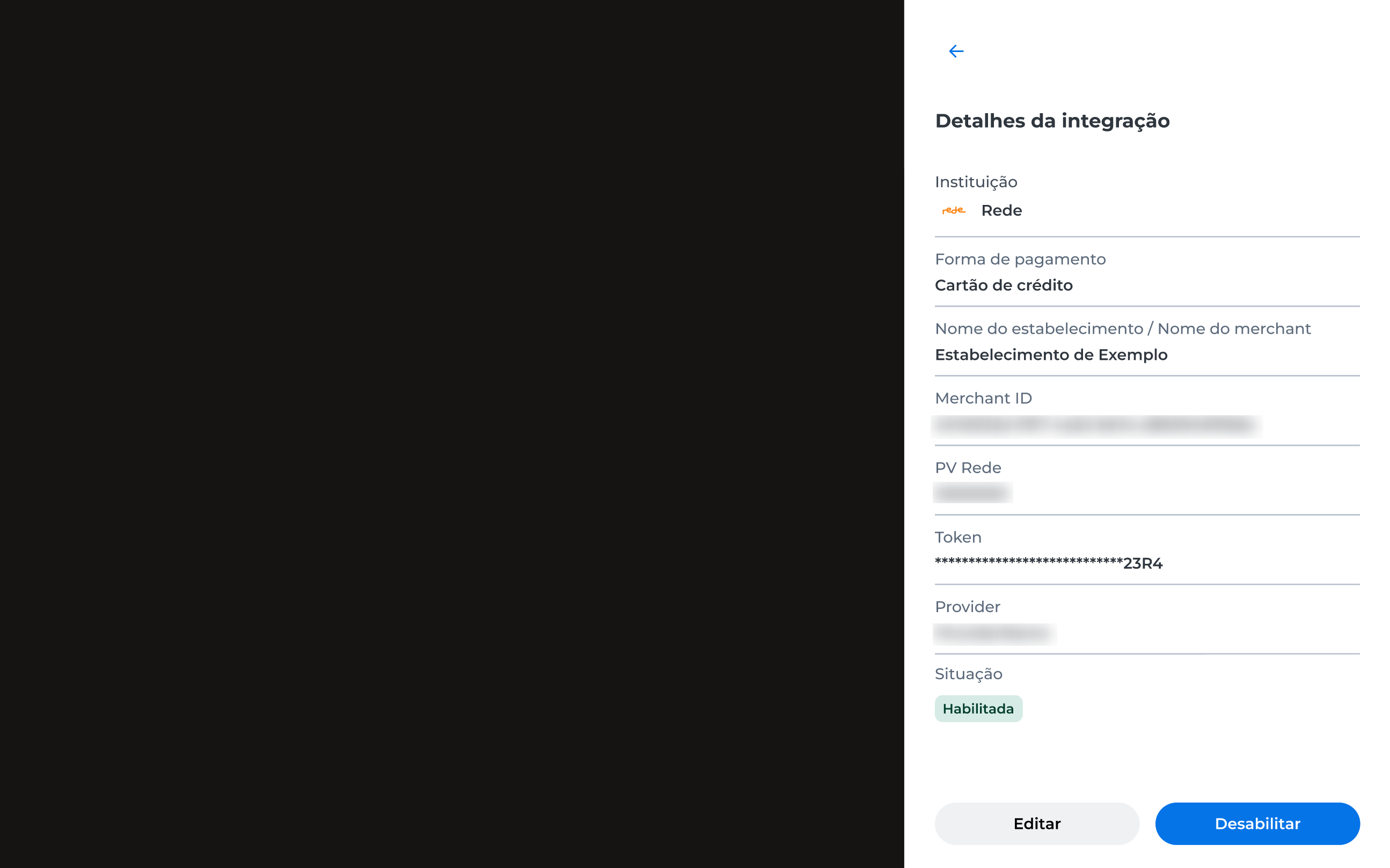 Janela exibindo os detalhes da integração da forma de pagamento selecionada, com informações técnicas e operacionais visíveis.