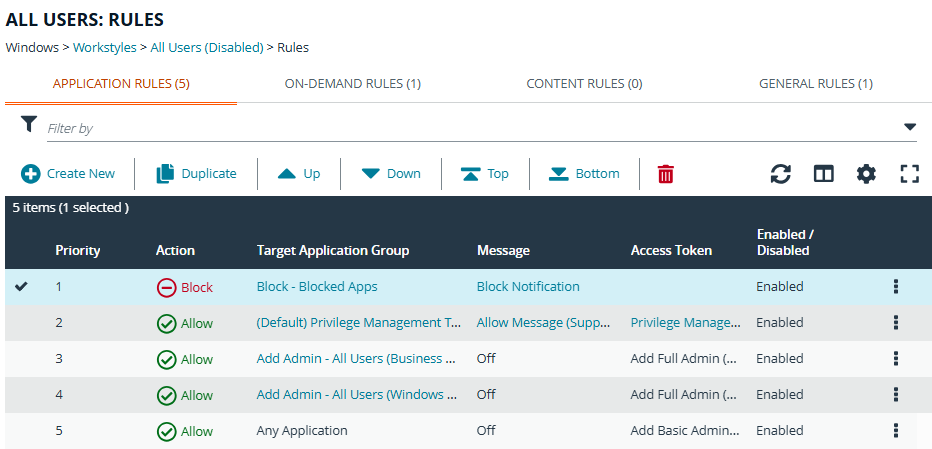 Application rules in the Policy Editor.