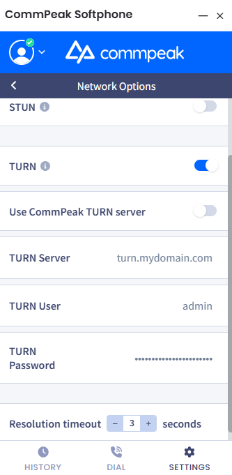 Screenshot of enabling TURN protocol settings using customserver