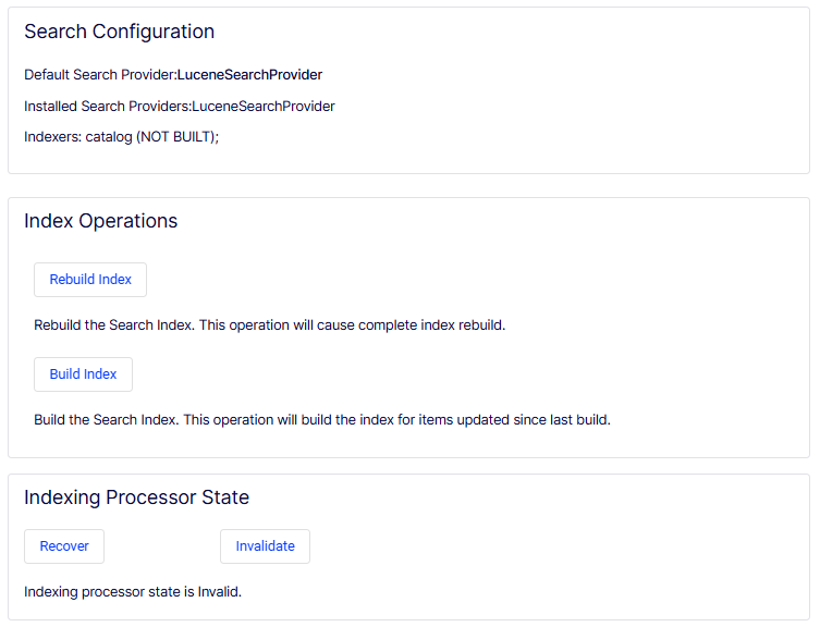 Screenshot of the Catalog Indexing page in Commerce Connect showing search configuration, index operations, and indexing processor state sections