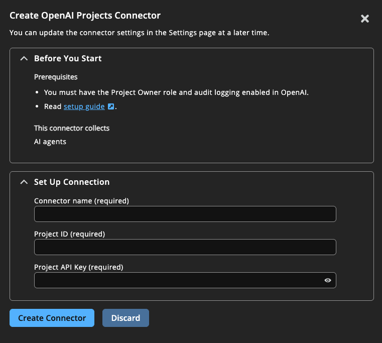 Settings to create an OpenAI Projects connector