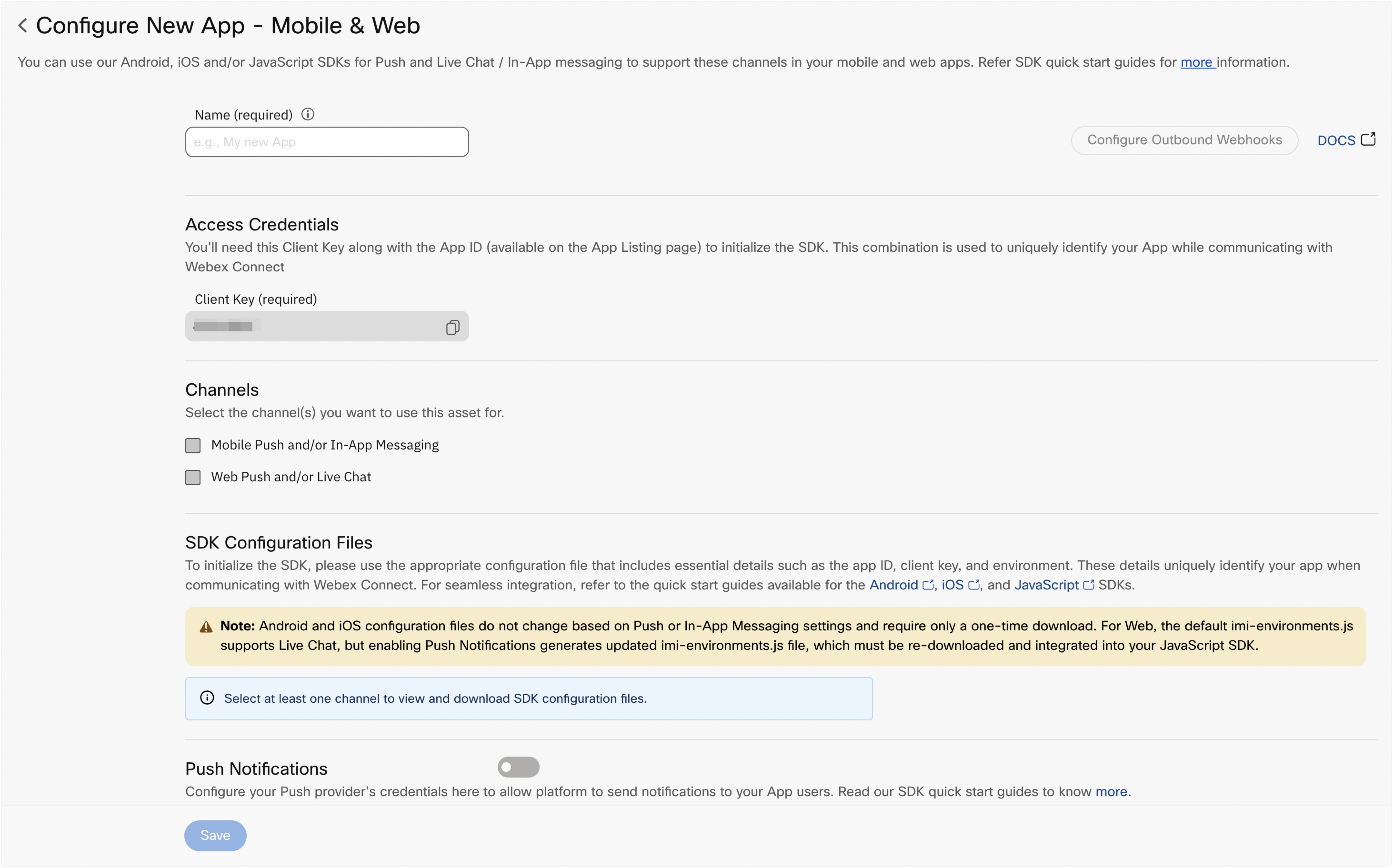Screenshot of Configuring New Mobile & Web App Page