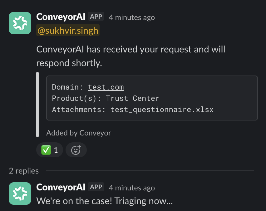 Sue responding in Slack to a questionnaire request, and importing it into Conveyor.