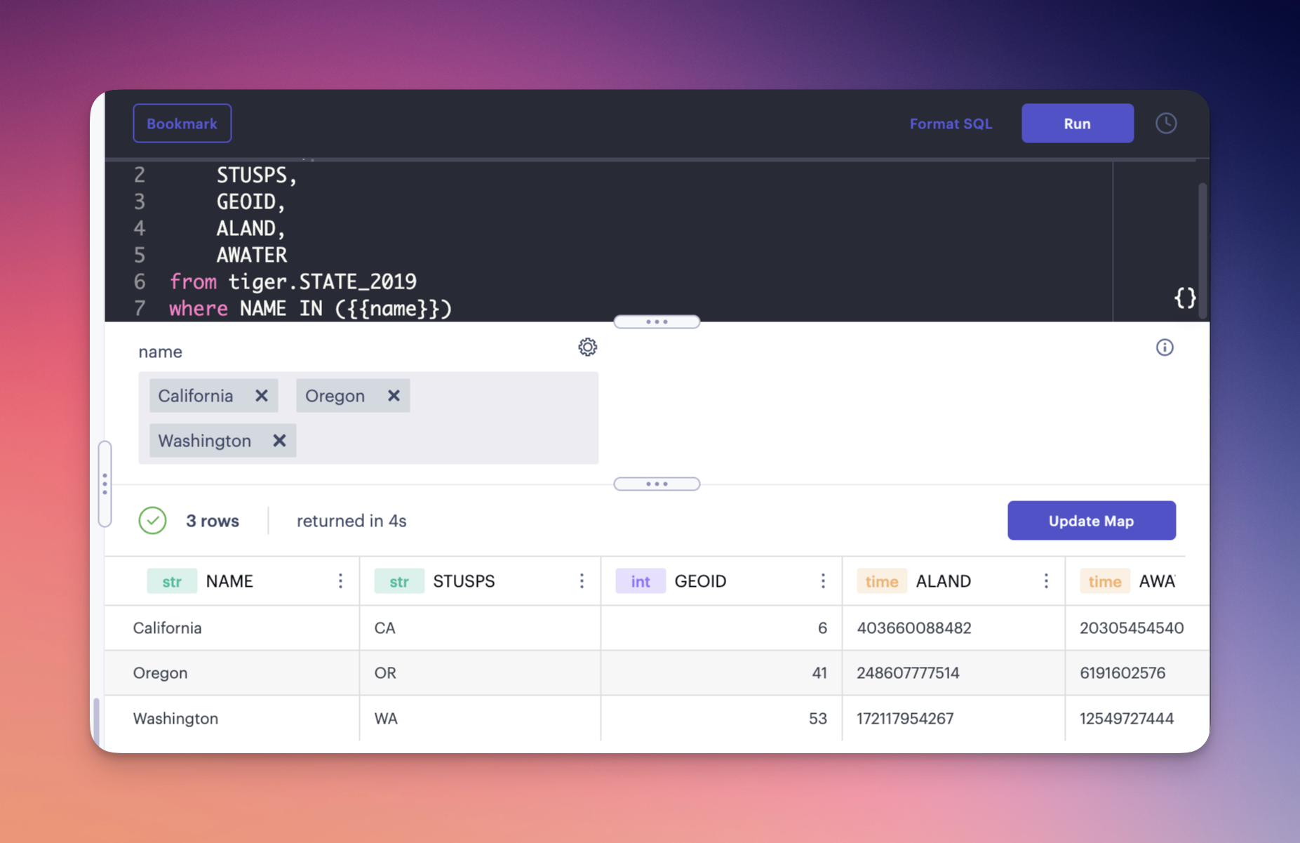 Querying data from several US states via multi-select.