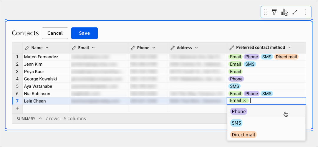 Image showing a multi-select column populated with selected values and the option dropdown open for the last row.